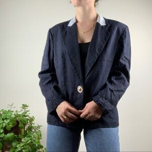 Vintage 70s Louis Feraud Navy Linen Blazer West Germany Cold War Era Women 12 L
